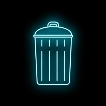 Glowing blue neon trash bin icon on dark background Stockillustratie