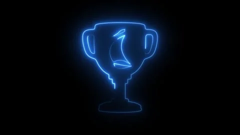 Glowing blue neon trophy cup icon on black background Video stock 345111264
