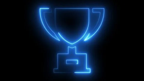 Glowing blue neon trophy isolated on black background, for success achievem.. Stock Illustration