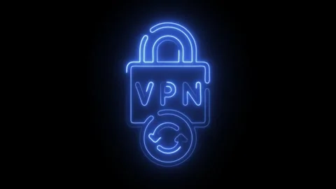 Glowing blue neon V P N lock icon with refresh symbol animated on black bac.. Stock Footage 314714054