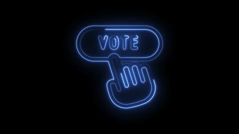 Glowing blue neon vote button icon with finger pressing on black background.. Stock Footage 315496417