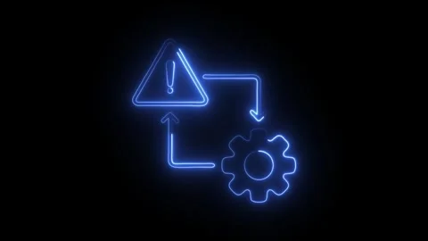Glowing blue neon warning sign with exclamation mark connected by arrows to.. Stock Footage 314712504