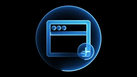 Glowing blue neon web browser icon with plus sign Video stock 275663463