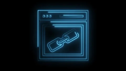 Glowing blue neon web browser with hyperlink symbol on a black background Stock Footage 322985729