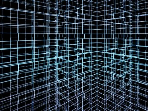 Glowing blue neon wire frame lines on black Stock Illustration
