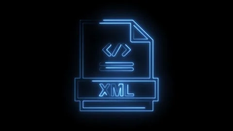 Glowing blue neon X M L file icon with code symbols isolated on black backg.. Stock Footage 314574577