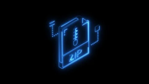 Glowing blue neon zip file icon animation on black background futuristic te.. Stock Footage 314702440