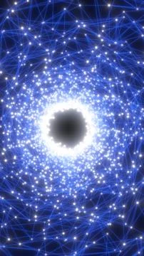 Glowing blue network of connected nodes swirling around a bright core, abst.. Illustrazione stock