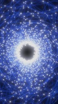 Glowing blue network of connected nodes swirling around a bright core, abst.. 库存插图