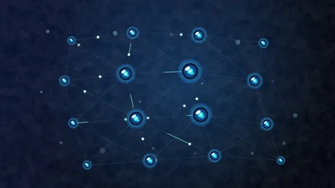 Glowing blue network nodes and data connection lines in digital cyberspace Video stock 347247249