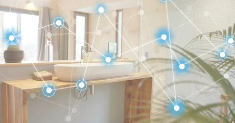 Glowing blue node appearing near sink spawning linked nodes with glowing lines Video stock 319339514