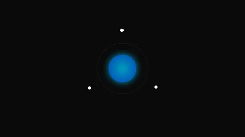 A glowing blue nucleus surrounded by three orbiting white particles in space Stock Footage 339617202