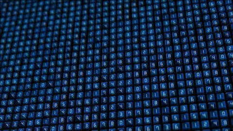 Glowing blue number grid repeating digital tiles, coded values, deep perspective Stock Footage 340563927