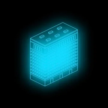 Glowing blue office building in isometric view representing modern architectu Ilustración de archivo