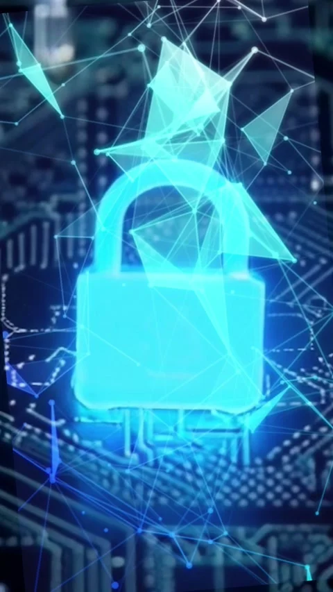 A glowing blue padlock with a digital circuit board or code Stock Footage 287066751