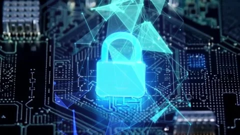A glowing blue padlock in the foreground with a blurred background Stock Footage 287066756