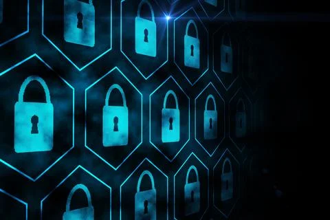 Glowing blue padlock icon grid is floating in flat design on dark smoky イラスト素材