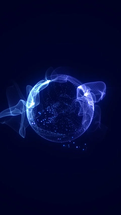 Glowing blue particle globe on dark background with flowing digital waves, .. Stock Footage 334224676