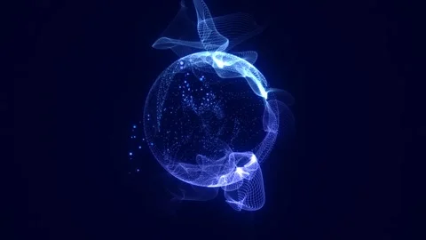 Glowing blue particle globe on dark background with flowing digital waves Stock Footage 335550548