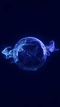 Glowing blue particle globe on dark background with flowing digital waves, .. 库存插图