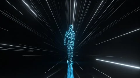 Glowing blue particle human strides through a dark futuristic tunnel of Stock Footage 322006380