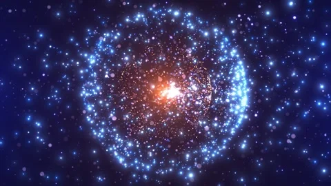 Glowing blue particle sphere with bright orange core forming a cosmic energy Stockbeeldmateriaal 331513779