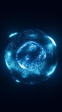 Glowing blue particle sphere on a dark background, symbolizing digital ener.. Illustrazione stock