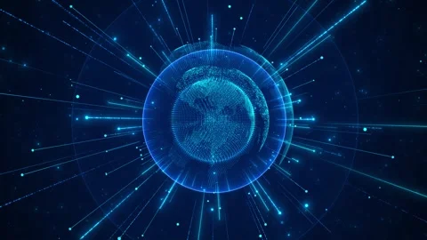 A glowing blue particle sphere expands through circular grids and radiant lines, 스톡 동영상 341013019