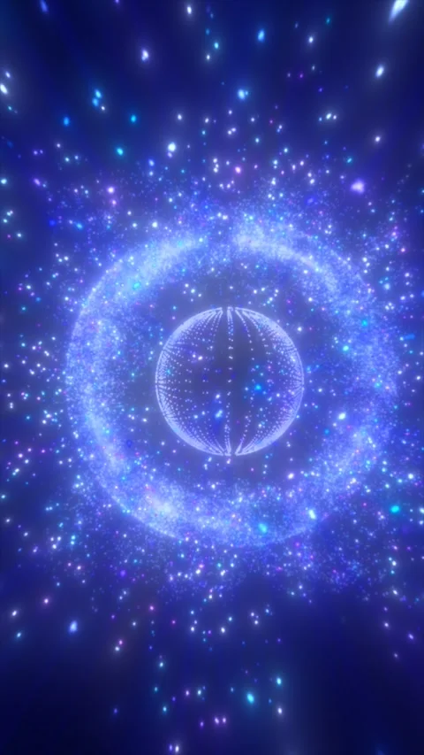 Glowing blue particle sphere inside a sparkling cosmic ring, abstract space.. Stock Footage 329704653
