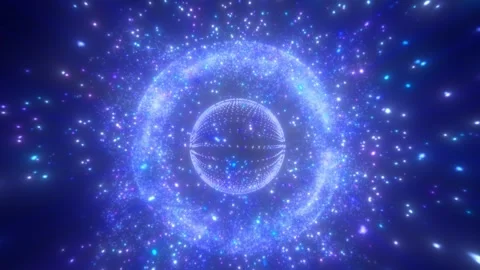 Glowing blue particle sphere inside a sparkling cosmic ring Stock Footage 331028178