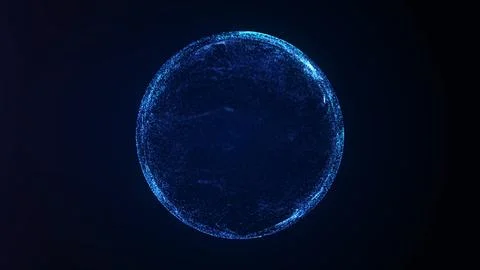 Glowing blue particle sphere made of fine digital dots on a dark background.. Stock Illustration