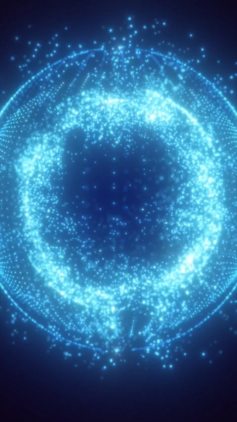 Glowing blue particle sphere with orbiting dotted waves, symbolizing digita.. Stock Footage 334225544
