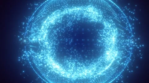 Glowing blue particle sphere with orbiting dotted waves Stock Footage 335550580