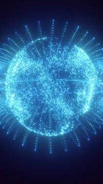 Glowing blue particle sphere with orbiting dotted waves, symbolizing digita.. Stock Illustration