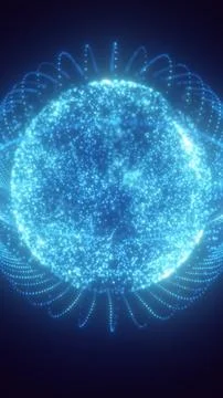 Glowing blue particle sphere with orbiting dotted waves, symbolizing digita.. Stock Illustration