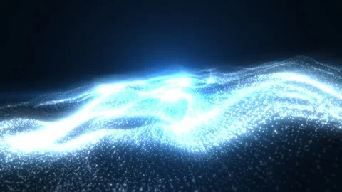 Glowing blue particle wave flowing across a dark space, abstract energy field Stock Footage 327454292