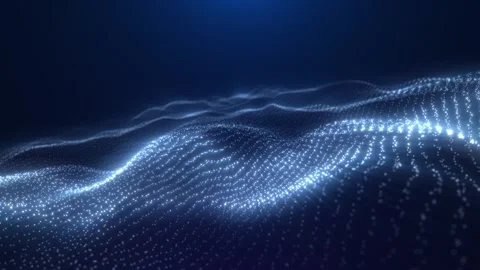 Glowing blue particle wave flows across a dark space, forming a futuristic di Stock Footage 327454392