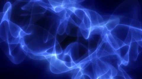 Glowing blue particles form a complex abstract mesh of curves and waves, radi 写真素材