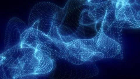 Glowing blue particles form a complex abstract mesh of curves and waves, radi 写真素材