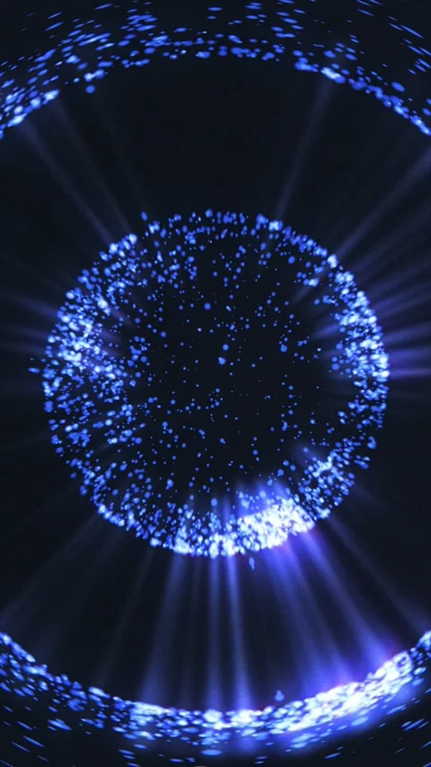 Glowing blue particles form a sphere with light rays in a dark space. Stock Footage 322526663