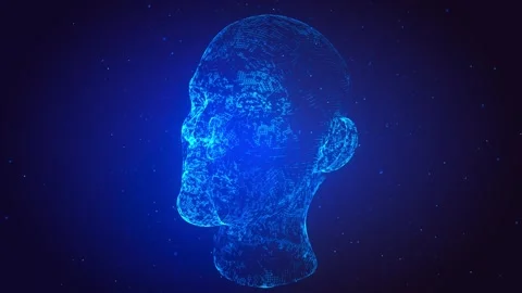 Glowing blue particles formation Head. Futuristic hologram 3d model. Face in the Stock Footage 264805729