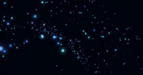 Glowing blue particles forming network over dark background, image of data flow Foto stock
