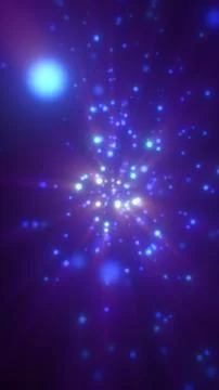 Glowing blue particles radiate from a bright central burst against a deep pur Stock-Illustration