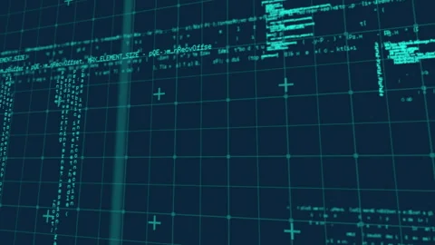 Glowing-blue particles sparking on 3D teal wireframe grid and migrating to Stock Footage 309893968