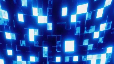 Glowing blue pixel blocks and digital lines forming an abstract tech grid Stock Footage 333375316