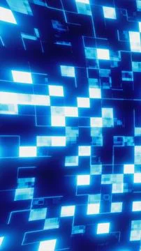 Glowing blue pixel blocks and digital lines forming an abstract tech grid, .. Stock Illustration