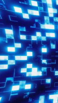 Glowing blue pixel blocks and digital lines forming an abstract tech grid, .. Stockillustratie