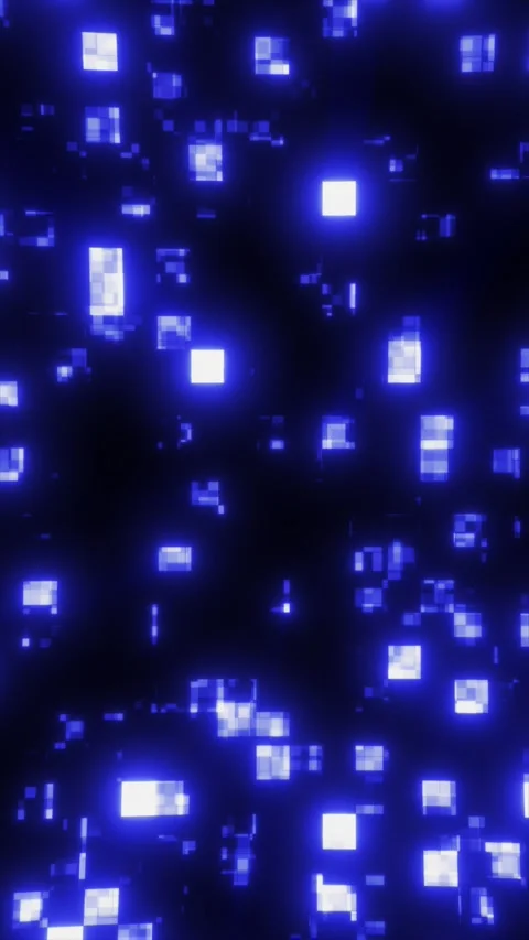 Glowing blue pixel squares float on a dark digital background, suggesting d.. Stock Footage 336176664