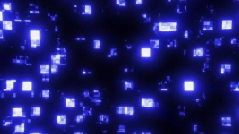 Glowing blue pixel squares float on a dark digital background Stock Footage 337185298