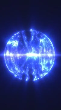 Glowing blue plasma sphere with electric filaments and lens flare on dark bac Stock Illustration